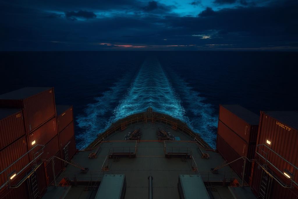 Container ship wake spreading across dark Atlantic water at dusk, deck rails and stacked containers in the foreground.